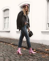 Pink metallic boots and chunky knit