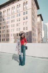 WINTER 70s inspired: flared jeans, turtleneck, and colorful coat.