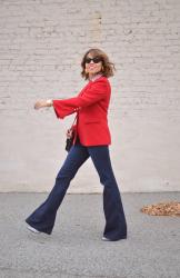 Monday Work Outfit With Flare Jeans And Bell-Sleeve Blazer