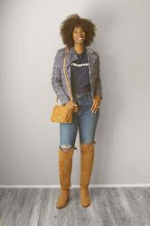 Navy and White Print Jacket + Cognac Suede OTK Boots