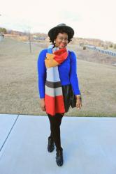 Color Block Scarf + Leather Skirt