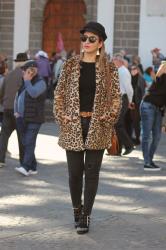 Faux fur leopard coat outfit