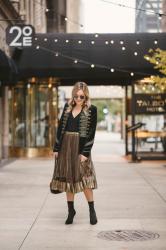 Velvet Blazer & Gold Midi Skirt