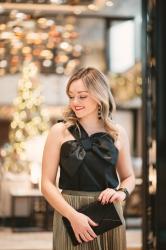 Black Bow Top + Pleated Gold Skirt