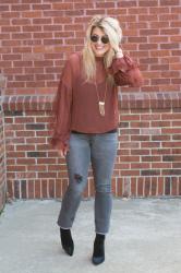 Kindred Announcement + Casual Holiday in a Scoobie Rust Blouse and Gray Jeans.