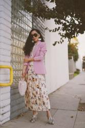 Holiday Party Look: Pink Blazer & Pleated Skirt