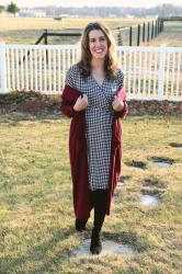 Burgundy Duster w/ Gingham Dress + a Giveaway!