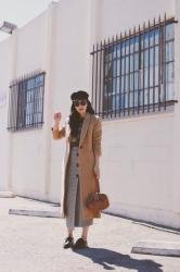 Camel Coat & Checked Skirt