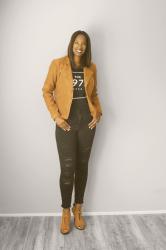 Women’s Tall Faux Suede Moto Jacket in Nutmeg + Black Distressed Skinny Jeans