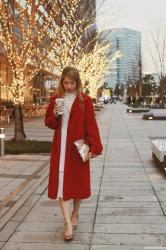 OOTD | 赤いロングコートとホワイトレースワンピースのクリスマスコーデ