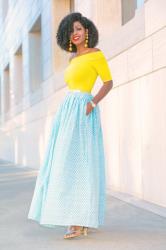 Bardot Fitted Top + Tea Length Print Skirt