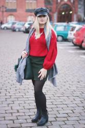 Czerwony Sweter Stylizacja | Kaszkiet | Szal w Kratę