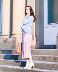 Back to the basics: pink culottes, baby-blue sweater & white booties