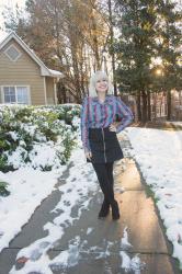 Outfit: Vintage 70s Button Down and Black Zippered Mini Skirt