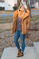 Orange Puffer Jacket + Leopard Ankle Booties.