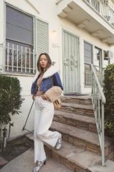 Denim Shearling Jacket and White Raw Hem Jeans