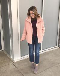 Trendy layers: turtleneck and sherpa jacket + 3 Random Things