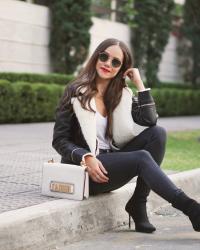 Shearling jacket + DIOR bag.