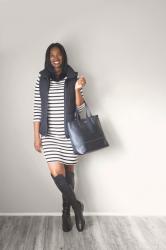 Oatmeal and Black Stripe Shift Dress + Black Quilted Vest