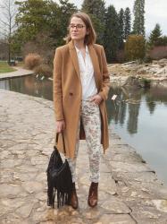 Camel coat and bronze booties