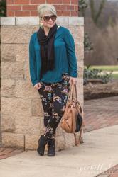 Dark Floral Pants & Wedge Booties