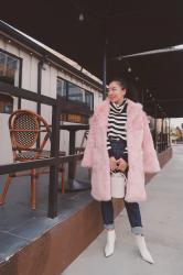 Pink Faux Fur Coat & High Waist Belted Jeans