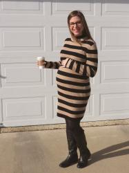 Striped J. Crew Sweater Dress (non-maternity!) and Toggle-Button Coat!