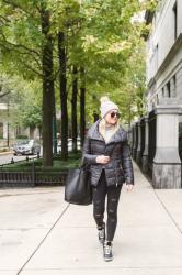 Black Puffer Jacket + Glitter Sneakers