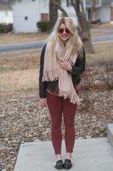 Black Leather Jacket + Blush Blanket Scarf.