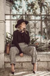 Camel coat & Checkered pants