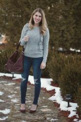 Grey Ruffle Sweater & Burgundy Accessories 