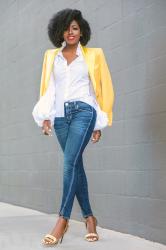 Structured Blazer + Ruffled Shirt + Amo Twist Jeans