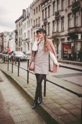 Outfit: tweed  pinafore, over knee boots