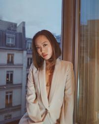 Beige Pantsuit w/ Armani Beauty in Paris