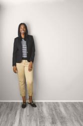 Black and White Gingham Sweater + Black Blazer + Tan Khakis