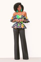 Dotted Off Shoulder Floral Peplum + High Waist Pants