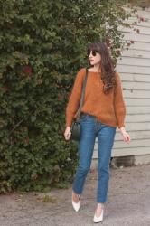 Camel Knit Sweater and Vintage Style Jeans
