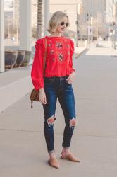 Embroidered Red Top