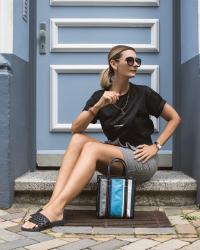 Gingham skirt and striped bag