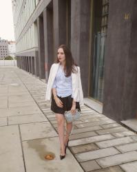 Blue Shirt + Black Skater Skirt