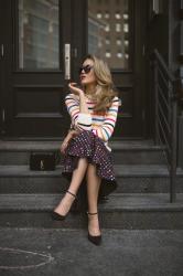 Polka Dot Midi Skirt + Rainbow Stripe Sweater