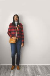 Red Plaid Moto Jacket + Stripe Turtleneck