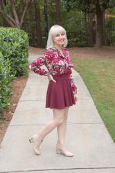 Outfit: Nude Lucite Heel Boots with a Floral Blouse and Maroon Skater Skirt 