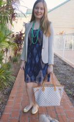 Louis Vuitton Neverfull and Blue Printed Dresses For The Office With Blazers