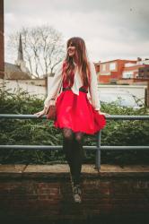 Outfit: red scallop hem dress, pussybow blouse