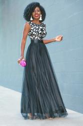 Walmart Glam Evening Look 2: Embroidered Black & White Tulle Gown