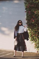 Navy Blazer & Checked Skirt