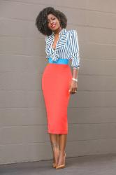 Striped Ruffle Shirt + Color Block Pencil Skirt