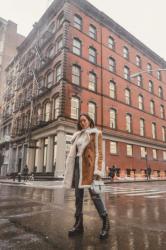 Shearling coat and hiking boots in NYC