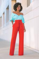 Off Shoulder Color Block Jumpsuit